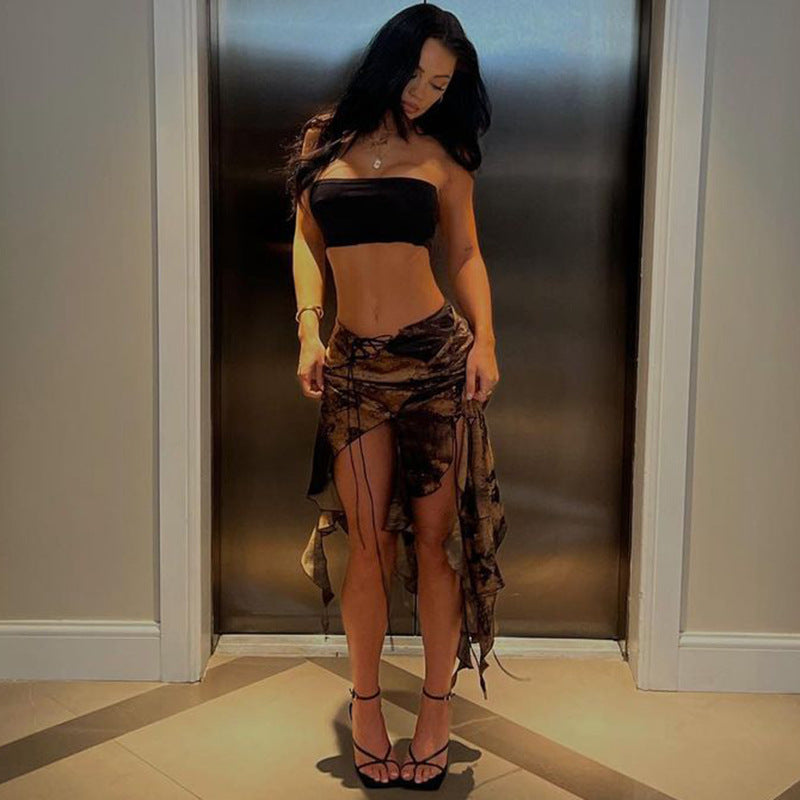 Holiday Style Vintage Print Ruffled Irregular Lace-Up Skirt Spice Girl Fashion Sexy Hip Lift Skirt