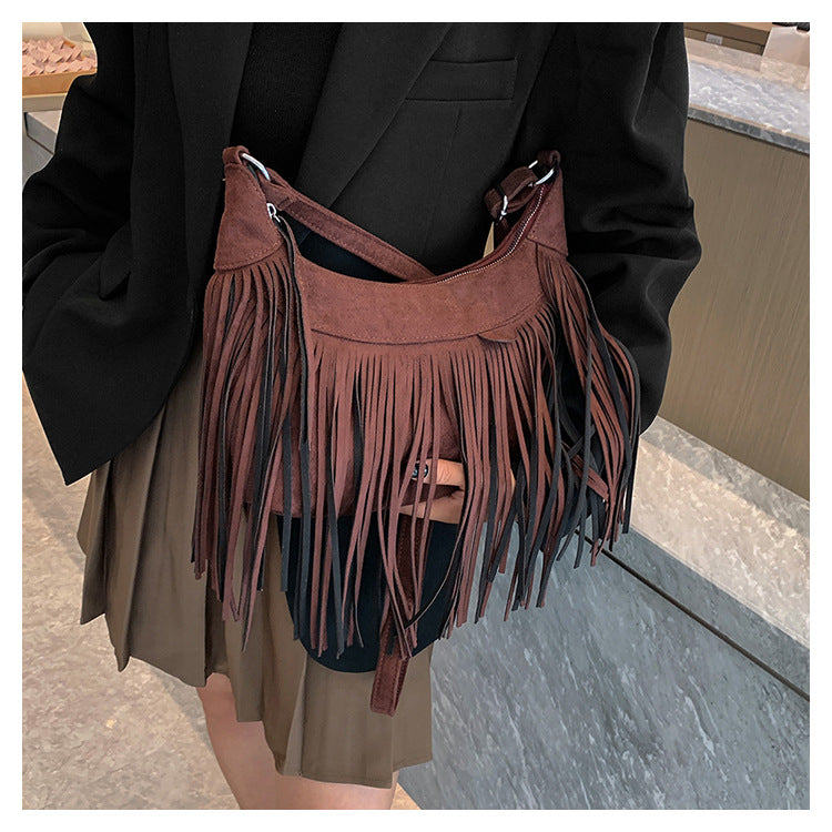 High Appearance Level Bag Female New Version Retro Fashion Single Shoulder Crossbody Bag Texture Hand-Tassel Bag