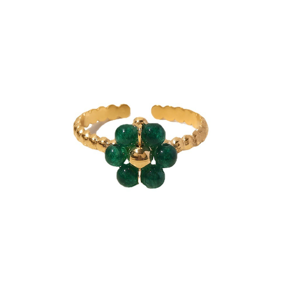 5pcs New Fashion Feminine All-Fit Titanium Steel Ring Green Natural Stone Sunflower Adjustable Ring