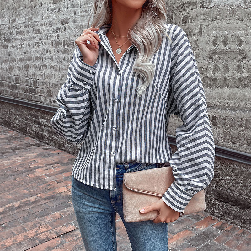 New Spring New Striped Cardigan Shirt Long Sleeve Commuter Lapel Shirt Woman