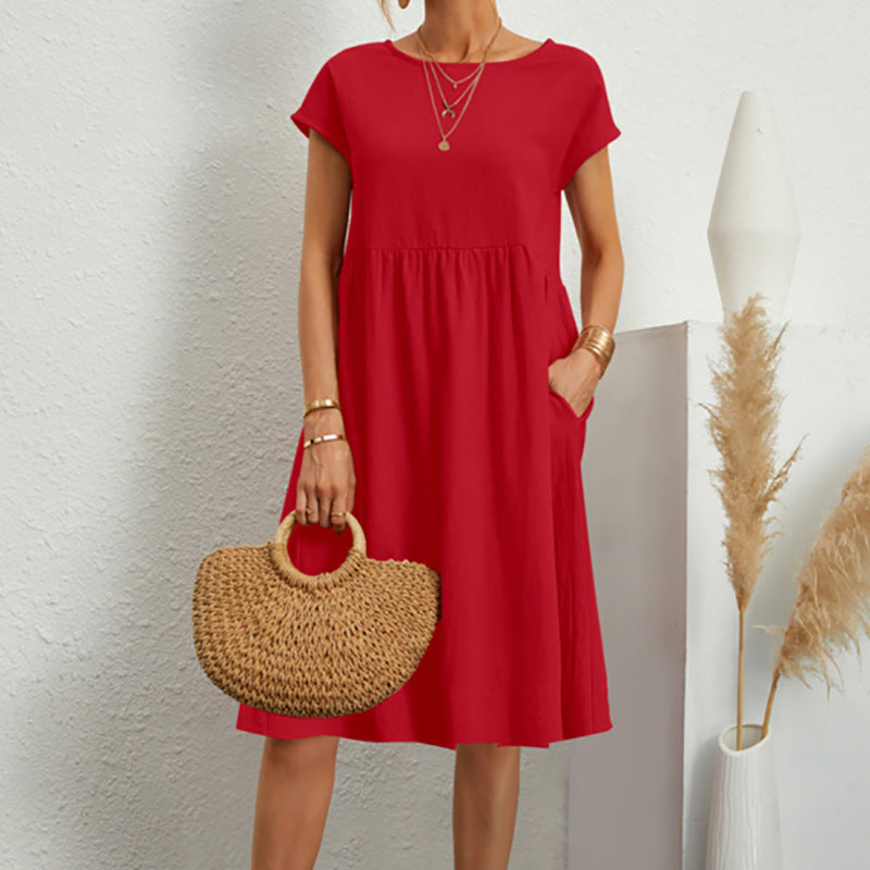 Fashion Ol Quality Women's Solid Color Cotton Linen Round Neck Set A-Line Skirt Dress