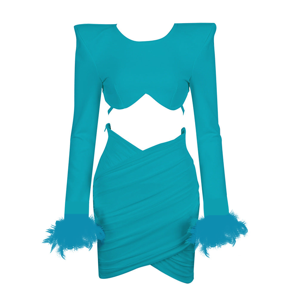 Fashion Suit Sexy Crop Feather Cuff Long Sleeve Top Tight Pleated Skirt Two-Piece Set