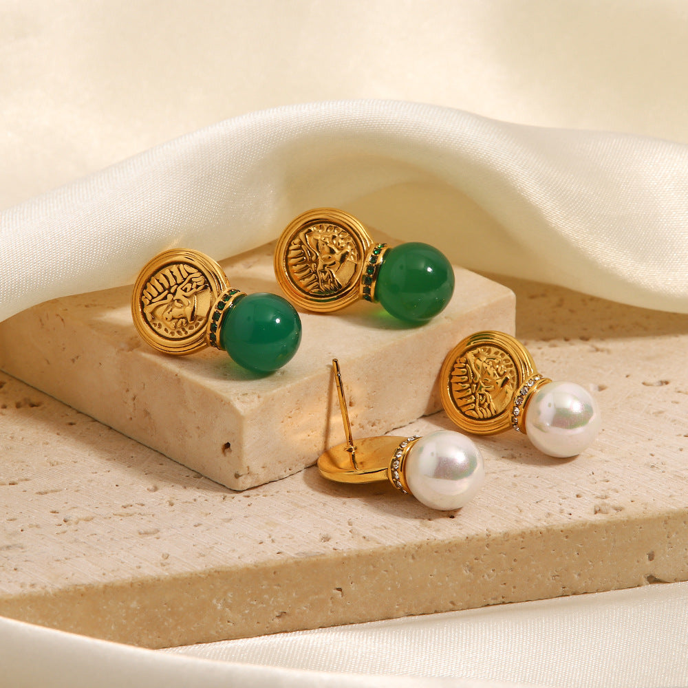 5pcs Retro Stainless Steel Inlaid Green Pendant Earrings Titanium Steel Pendant Earrings
