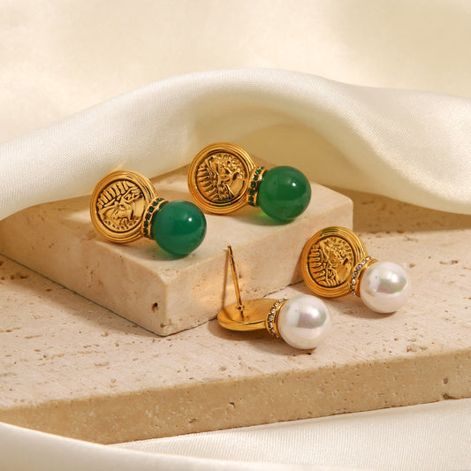 5pcs Retro Stainless Steel Inlaid Green Pendant Earrings Titanium Steel Pendant Earrings
