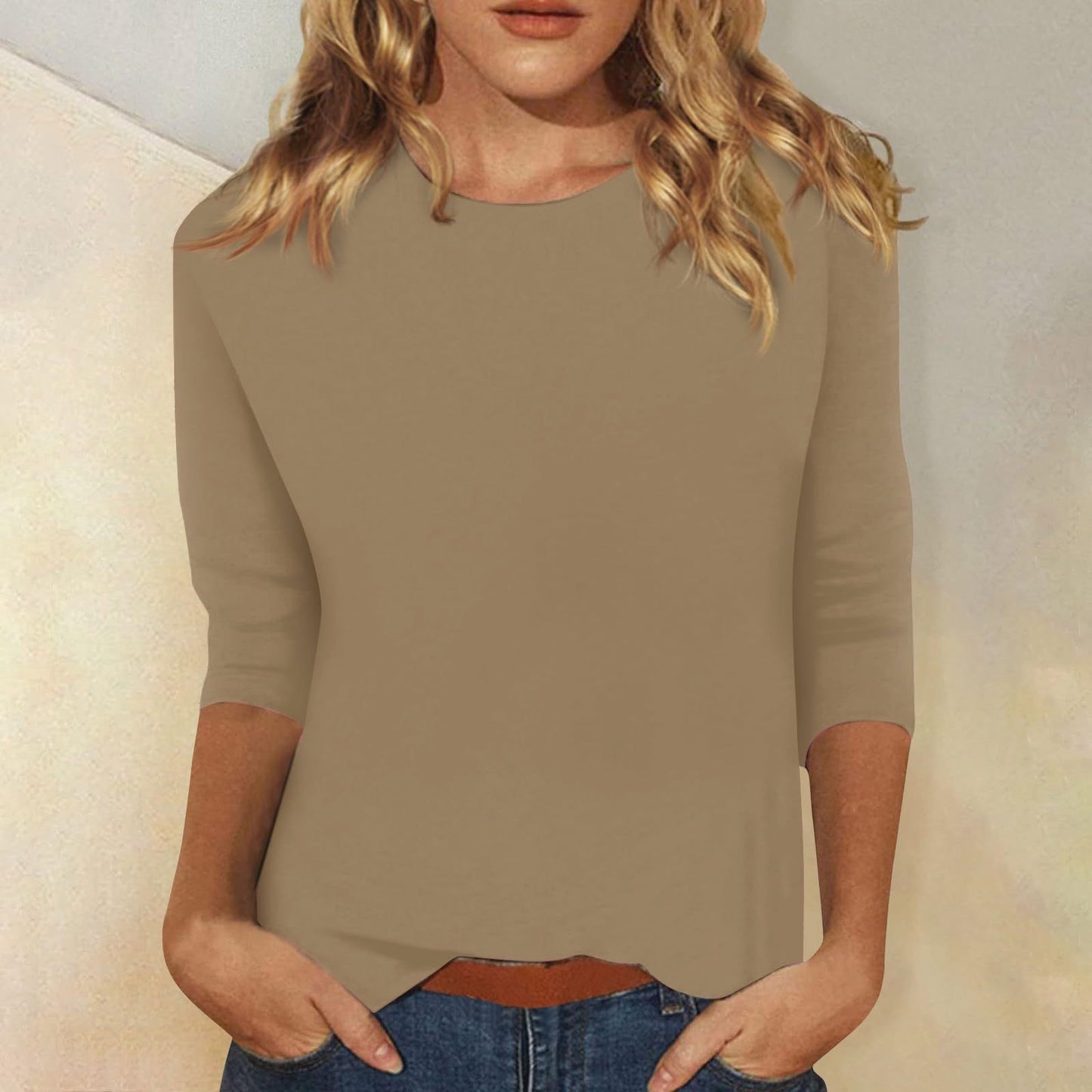 Autumn And Winter Women's Top Round Neck Seven-Point Sleeve Solid Color T-Shirt