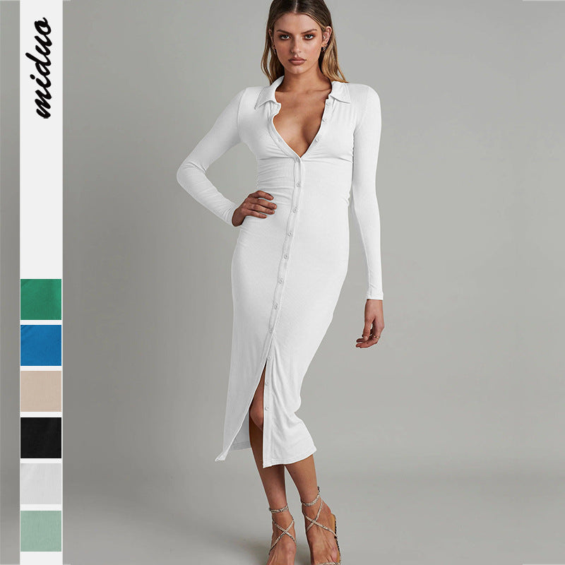 Hot New Button Cardigan Ribbed Long Sleeve Slim-Fit Dress Tight Wrap Hip Midi One-Step Skirt