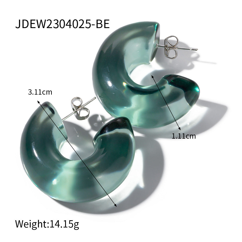 5pcs Simple Daily Jewelry Solid Color Transparent Environment-Friendly Resin Semi-Round Steel Needle Earrings Resin Twist Ring Trendy Earrings