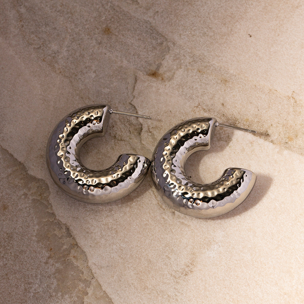 5pcs Geometric Premium Touch Steel Color Stainless Steel Chubby C-Shaped Hammer Design Earrings Jewelry Women