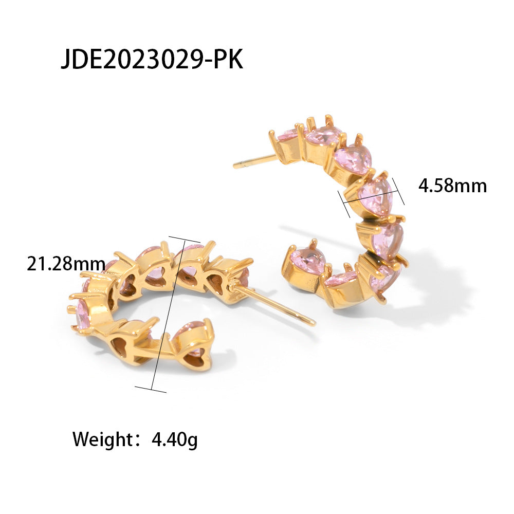 5pcs New Titanium Steel Earrings Stainless Steel Inside And Outside Inlaid/White/Green Love Zircon C-Shaped Earrings Female