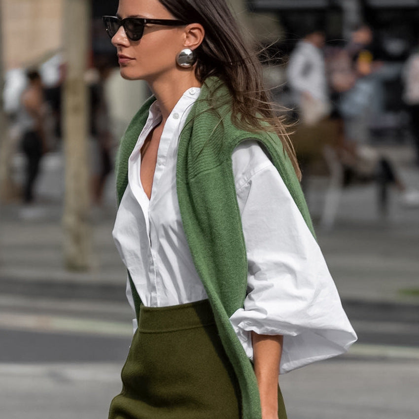 Spring Fashion Temperament Sense Small Stand Collar Lantern Sleeve Cardigan Shirt White Cotton Simple Shirt Woman