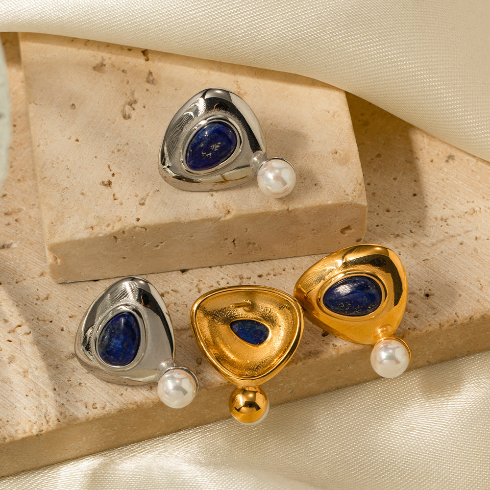 5pcs New 18K Gold Plated Triangle Set Lapis Stone Shell Pearl Stud Earrings Premium Earrings