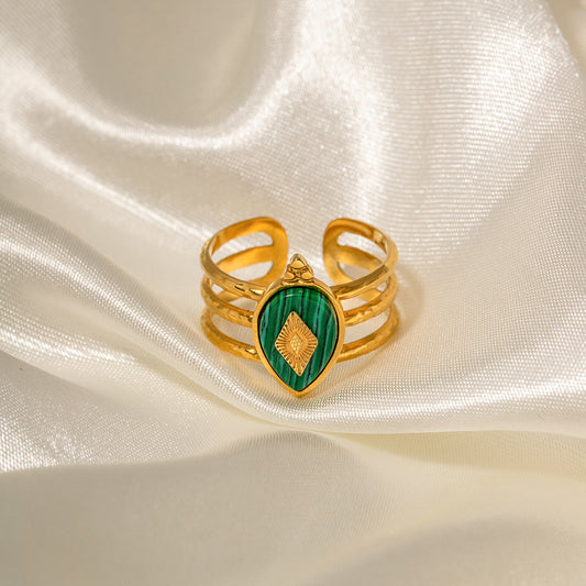 5pcs 18K Gold Plated Stainless Steel Design Natural Malachite Ring Women Do Not Fade Jewelry