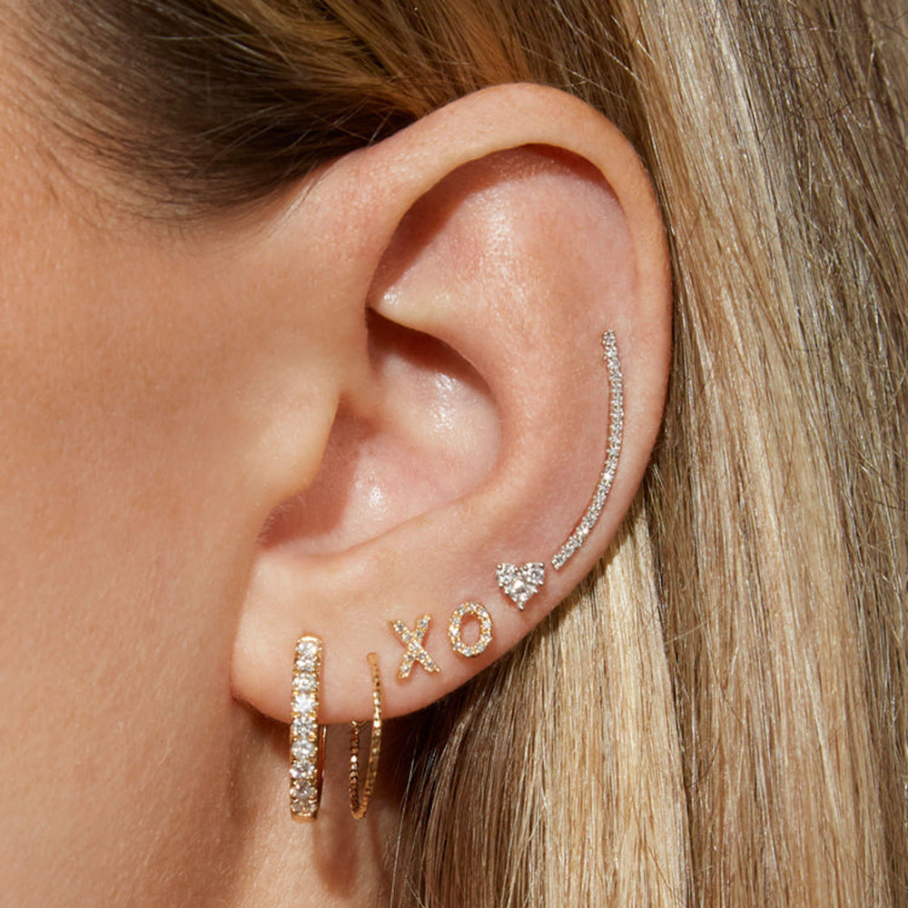 5pcs Fashion Mini Round Diamond Zircon Titanium Steel Letter Stud Earrings 18K Gold Stainless Steel Xo Letter Stud Earrings