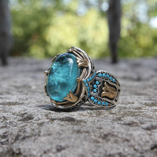 Carved Blue Gemstone Ring Two-Color Vintage Gemstone Wedding Ring