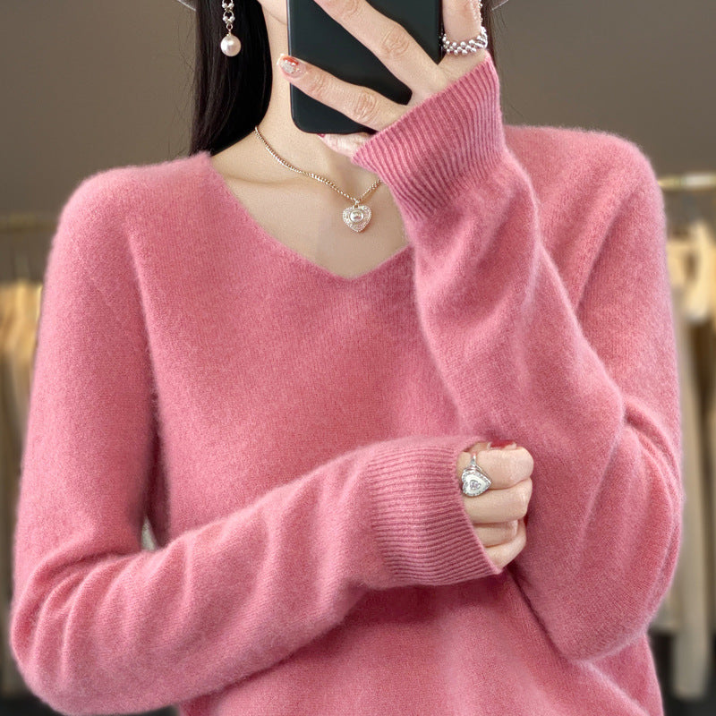 100 Pure Wool Knitwear Women's V-Neck Pullover Loose Base Shirt Autumn And Winter New Solid Color Sweater