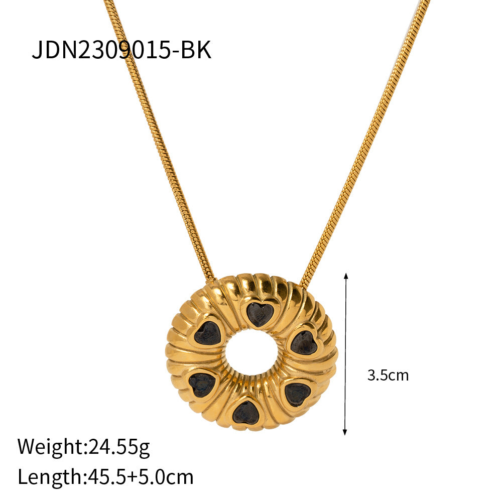 5pcs 18K Gold Stainless Steel Inlaid Black Zircon Bread O-Shaped Pendant Necklace Women's Collarbone Choker
