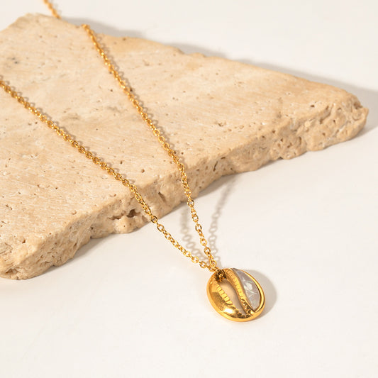 5pcs Cross 18K Gold Stainless Steel Shell Pendant Necklace Does Not Fade The Color Of Niche Design All Matching Accessories