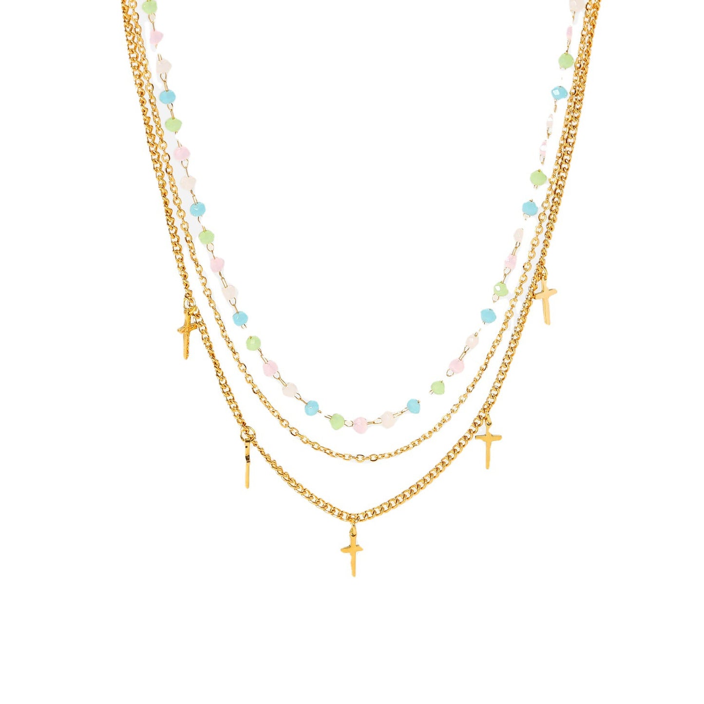 5pcs 18K Gold-Plated Stainless Steel Necklace Colored Stone Round Bead Chain Cross Fringe Pendant Three Layer Necklace Women