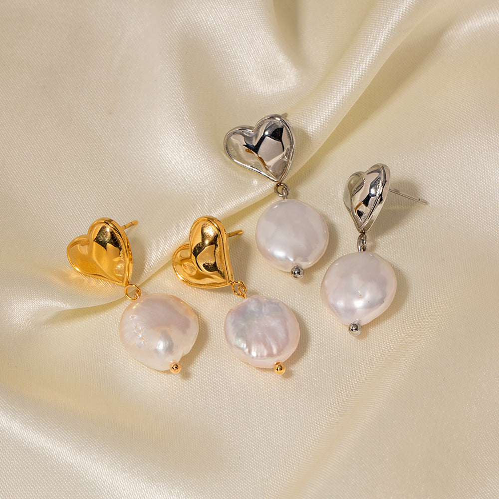 5pcs Style New 18K Gold Plated Vintage Stainless Steel Heart Baroque Pearl Pendant Earrings Earrings