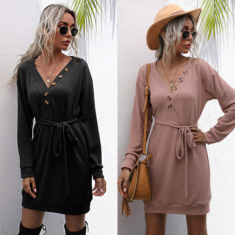 Elegant Autumn: V-Neck Black Slim-Fit Long Sleeve Button Sweater Dress