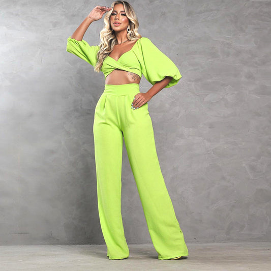 Sexy Fashion Casual Suit Solid Color Loose Spring Summer Lantern Sleeve New Trousers Two-Piece Set
