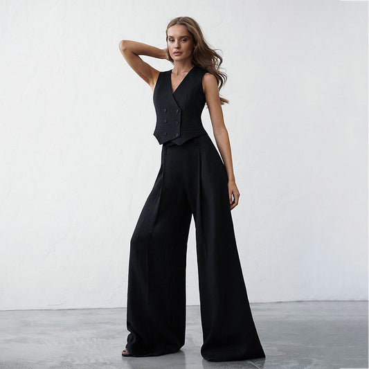 Fashion Casual Black Vest Vest Vest Pants Two-Piece Summer Design Sense Cotton Linen Suit For Women