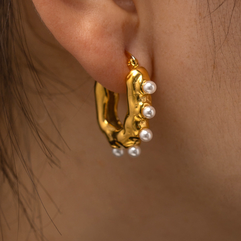5pcs Jewelry 18K Gold Irregular Wave Texture Sense Frosted Texture Geometric Pearl Earrings