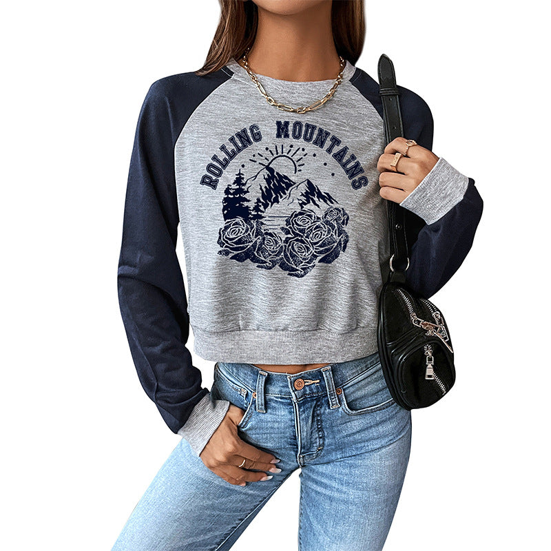 New Spring And Autumn College Style With Rotator Sleeve Bm Color Short Crop Round Neck Pullover Hoodie