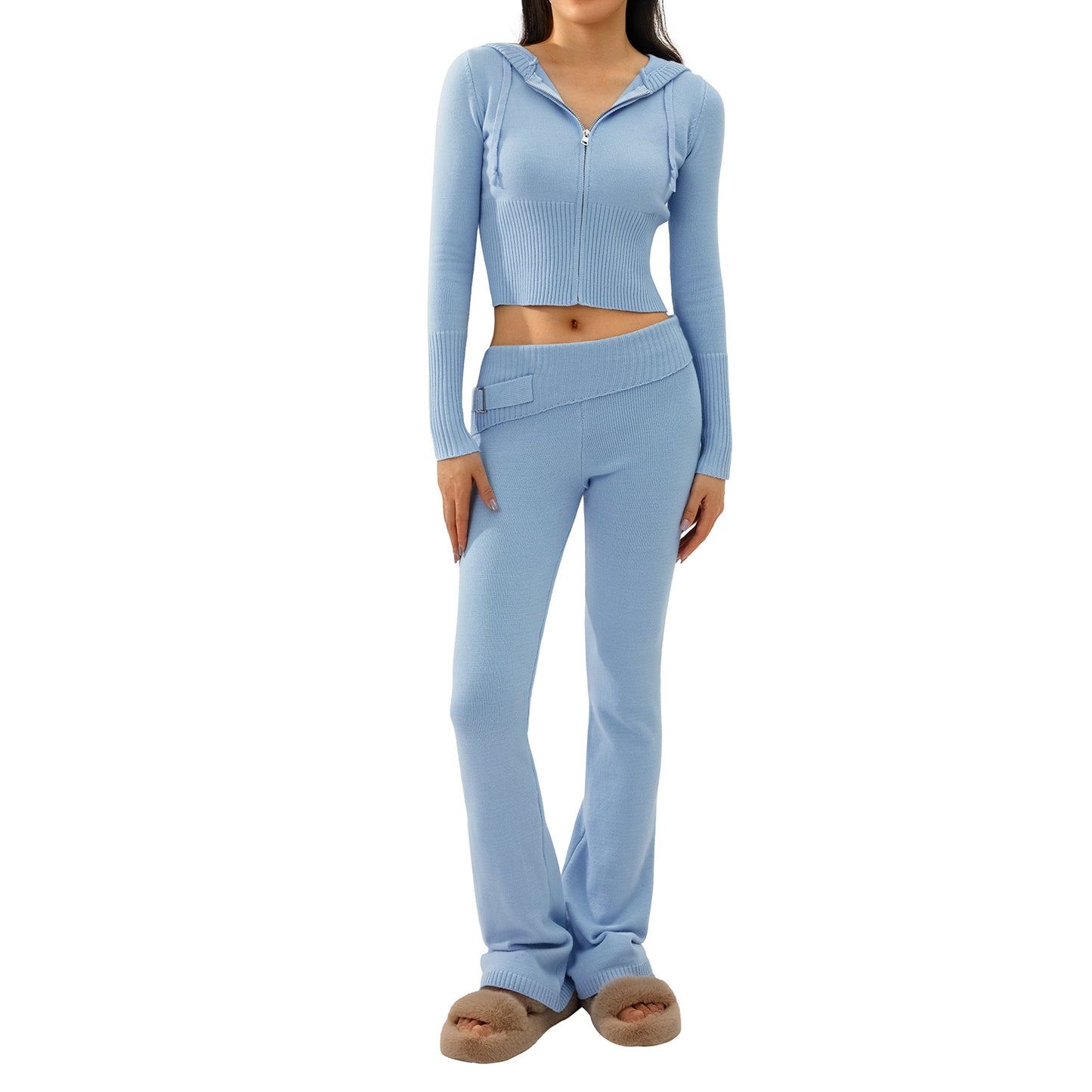 New Knitted Hooded Women's Fashion Sexy High-Waisted Long-Sleeved Trousers Two-Piece Set