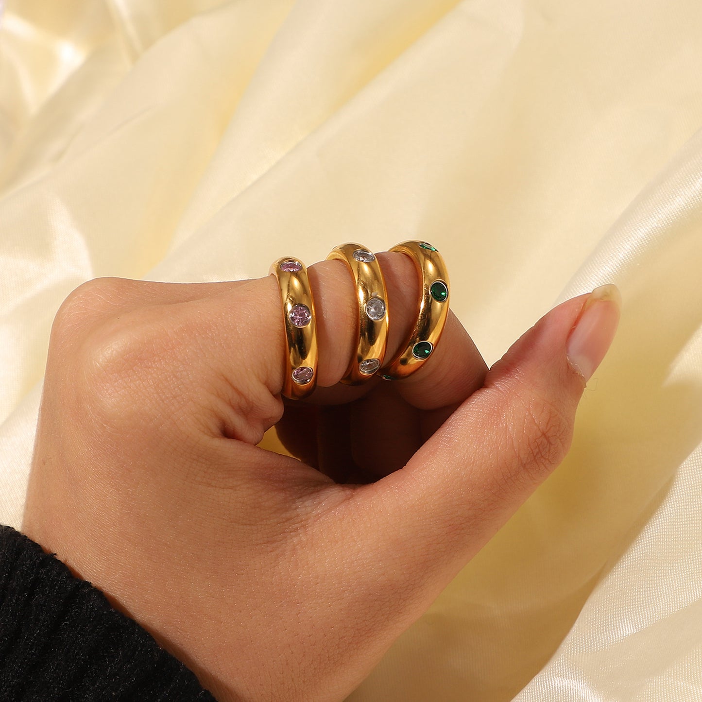 5pcs 18K Gold Stainless Steel Retro Micro-Inset Green // White Zircon Ring Index Finger Joint Finger Ring