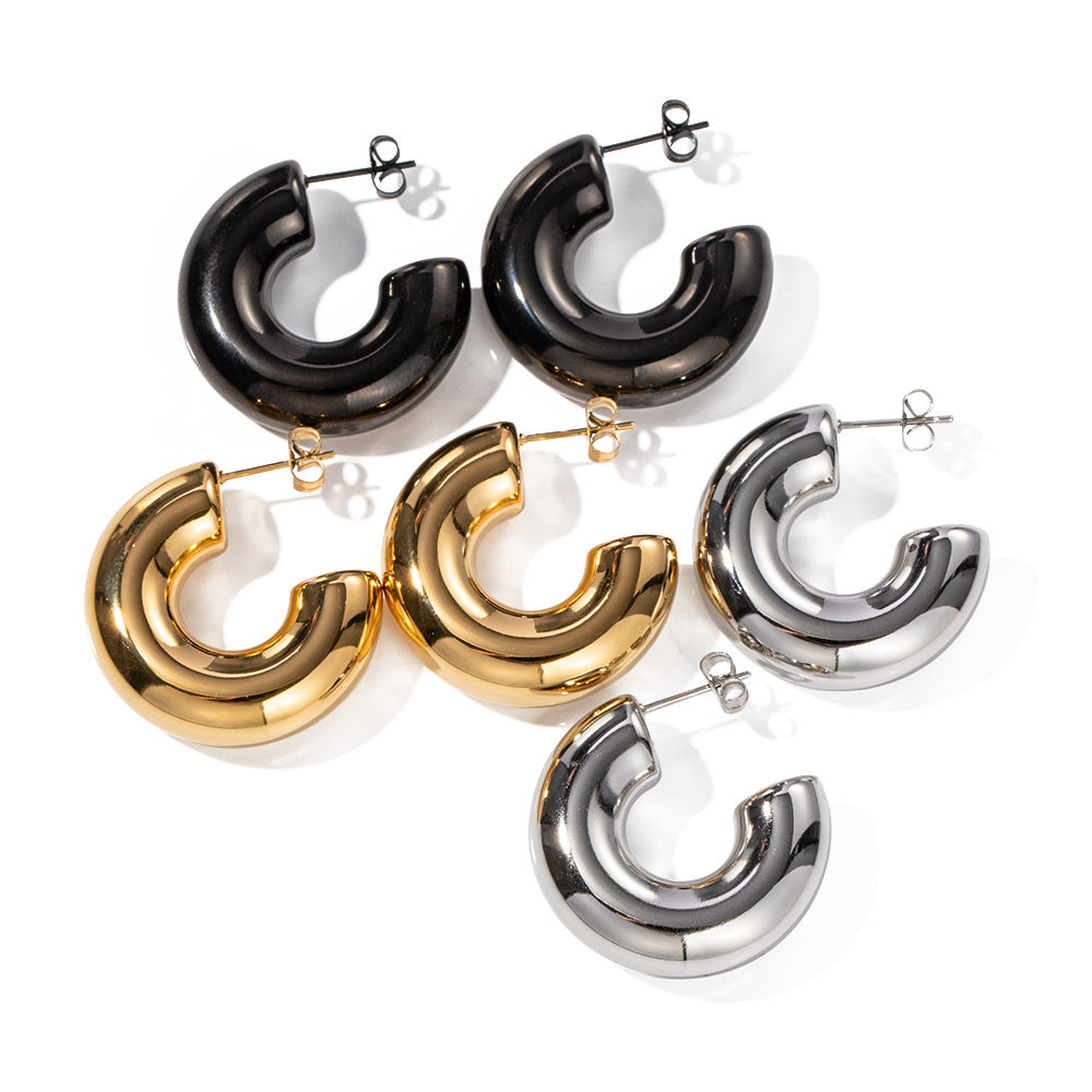5pcs Fashion Pop Earrings 18K Gold-Plated Stainless Steel Chubby Thick Hollow C-Shaped Stud Earrings For Women