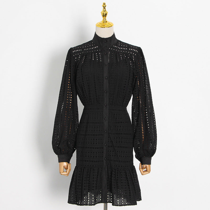 Elegant Temperament A-Line Skirt High Neck Long Sleeve Patchwork Embroidery Hollow-Out Single Breasted Dress Woman