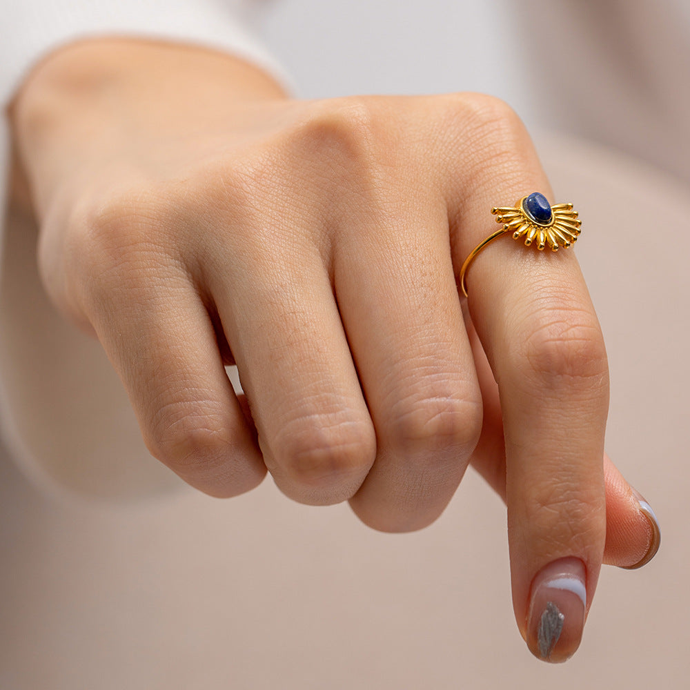 5pcs Niche Style 18K Gold-Plated Stainless Steel Set Lapis Lazarus Open Ring Ladies Fashion Hand Jewelry