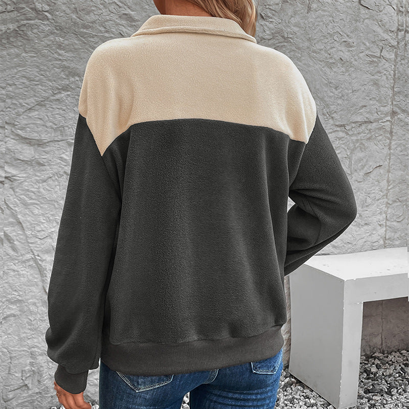 Stand Collar Pullover Coat Women's New Autumn And Winter Fleece Contrast Color Hoodie