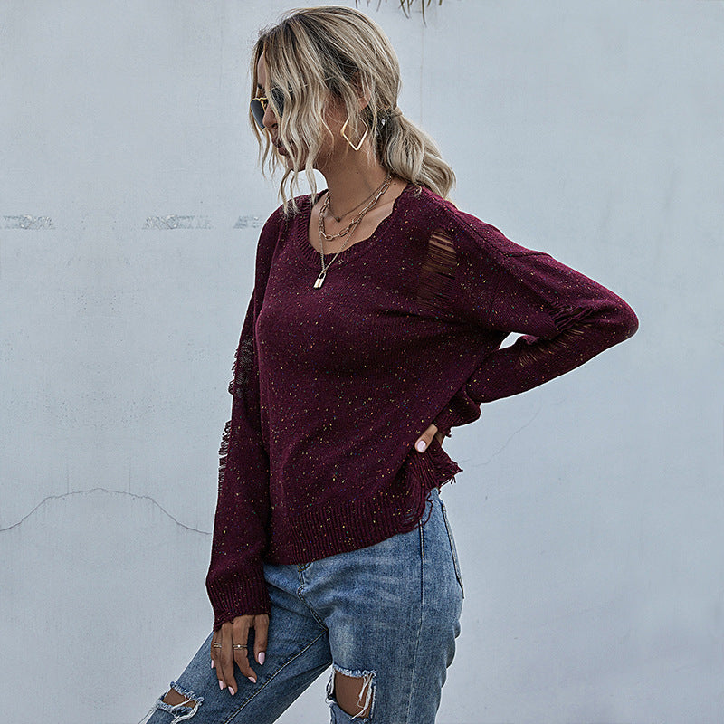 Stylish Solid Color Long-Sleeved Holes Sweater for Women