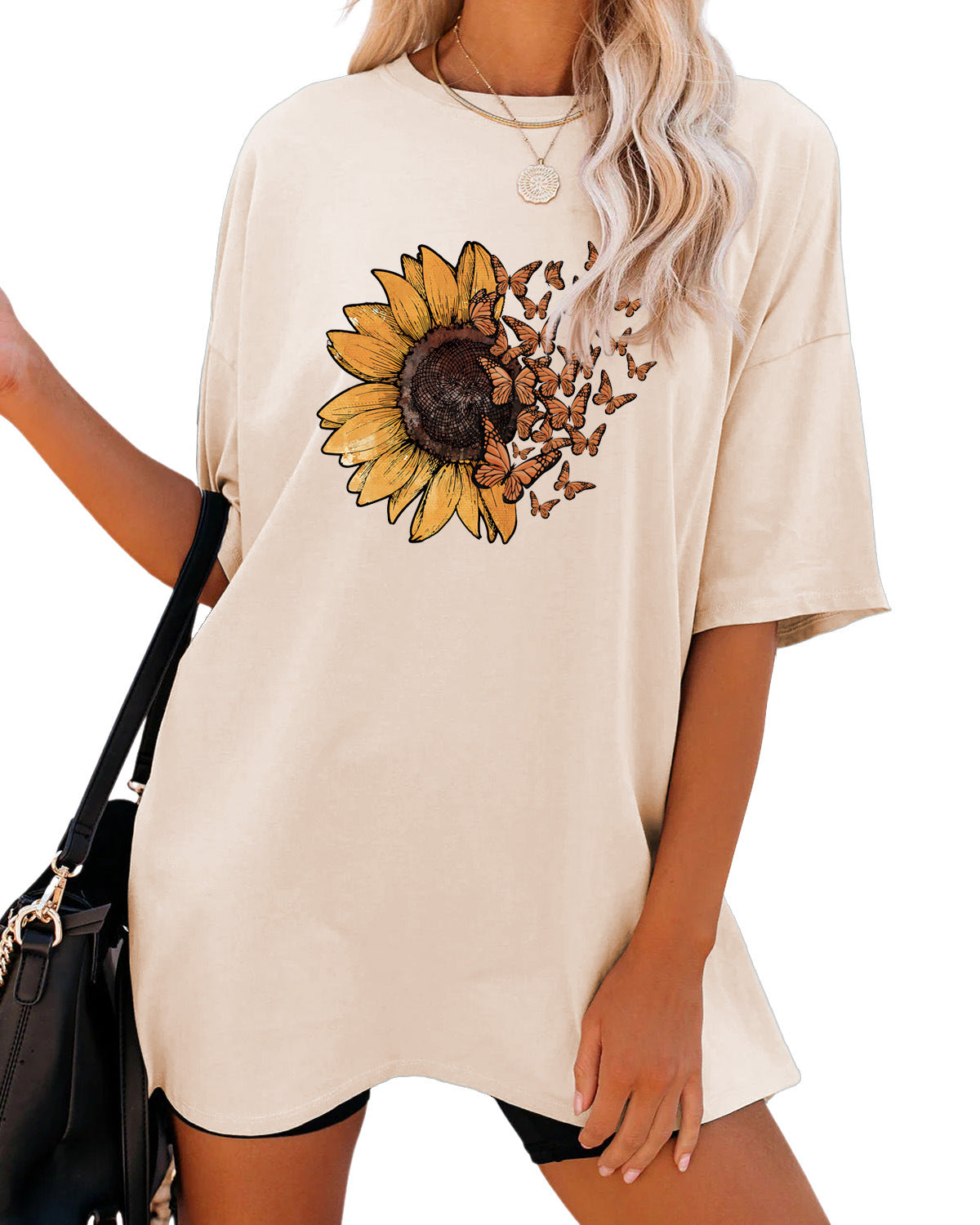 Casual Sunflower Print Loose T-Shirt Women's Round Neck Fashion Short Sleeve Shirt
