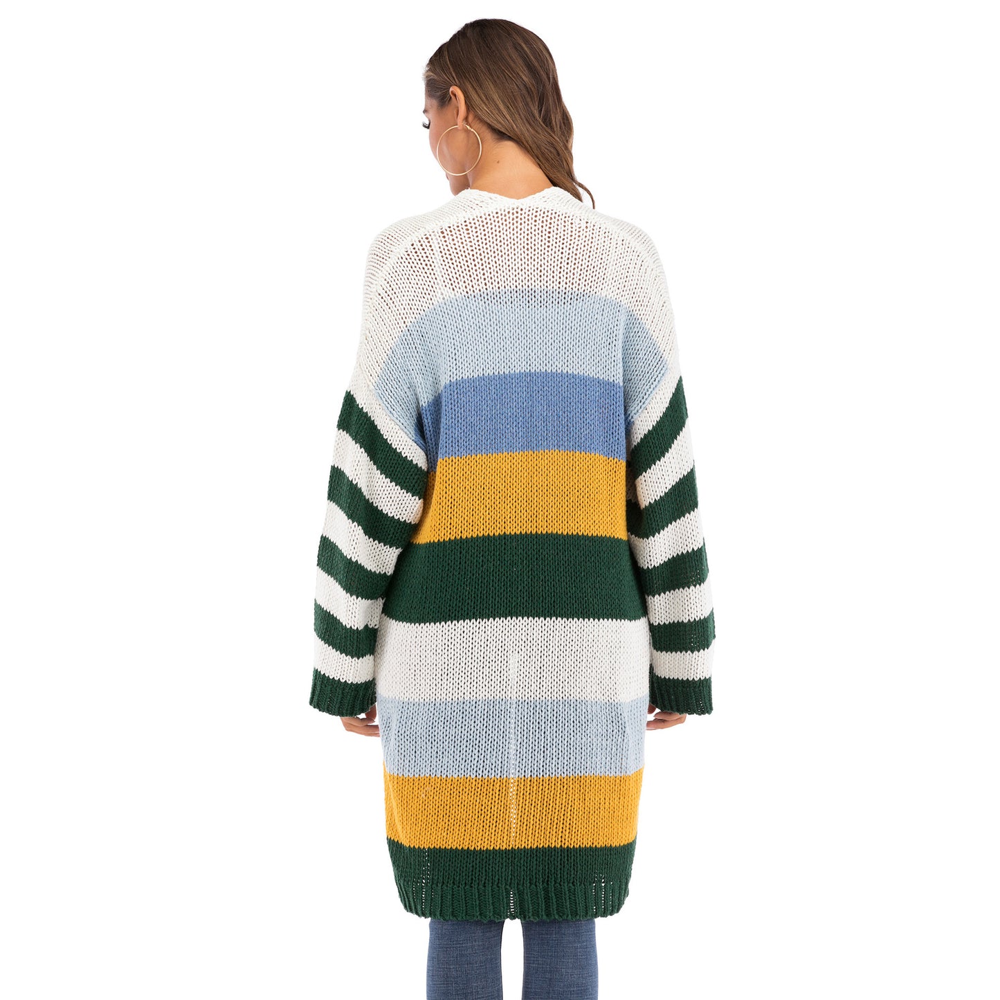 Women's Mixed Color Splicing Color Contrast Stripes Long Woven Sweater Thick Cardigan Coat