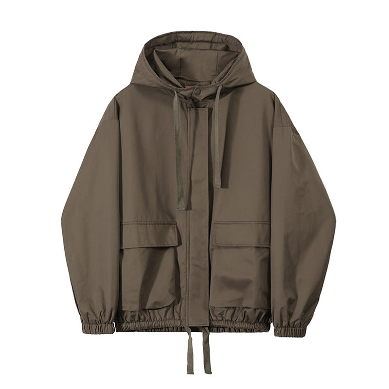 Stand-Up Collar Pilot Hooded Jacket Men's Spring Loose Trend Casual Cargo Jacket Top