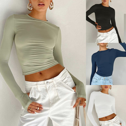 Women's Autumn And Winter New T-Shirt Solid Color Round Neck Base Shirt Slim-Fit Long-Sleeved Top Women A Hair