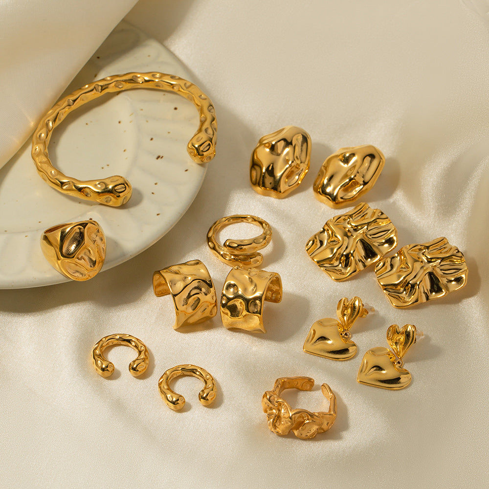 5pcs 18K Gold Plated Stainless Steel Irregular Hammer Stud Earrings Women's Fashion Timeless Earrings