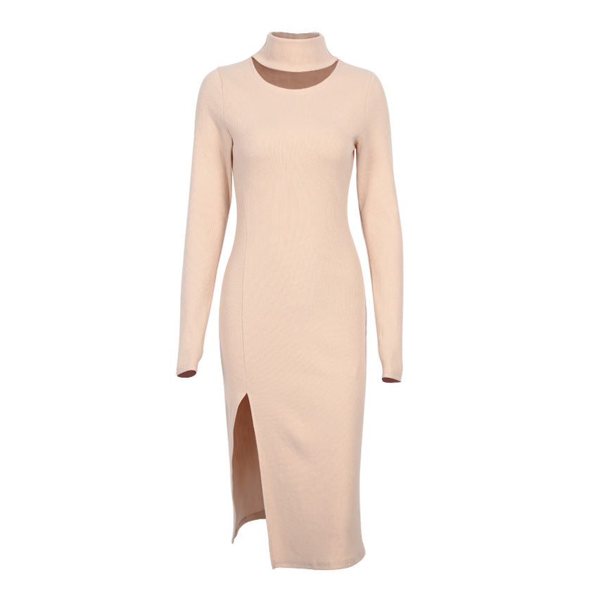 Autumn And Winter New Knitted Skirt High-Neck Slim-Fit Women's Dress Slit Sexy Mid-Length Dress