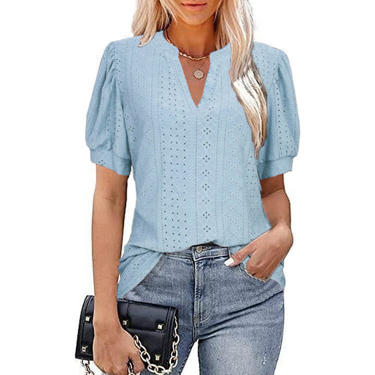 Spring And Summer Casual V-Neck Solid Color Hollow Puffy Sleeve Loose T-Shirt