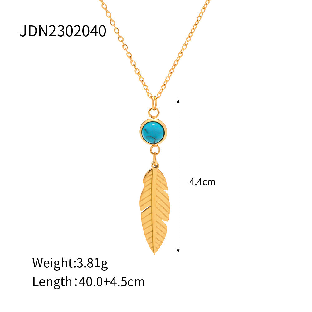5pcs Stainless Steel Feather Inlaid Turquoise Stainless Steel Pendant Necklace Everything Accessories