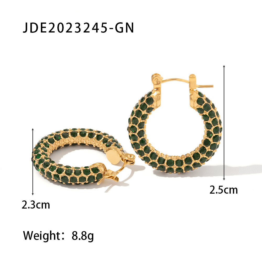 5pcs Fashion Women All Round Hoop Earrings Large Dense Inlaid White/Green Diamond Stainless Steel Earrings Jewelry