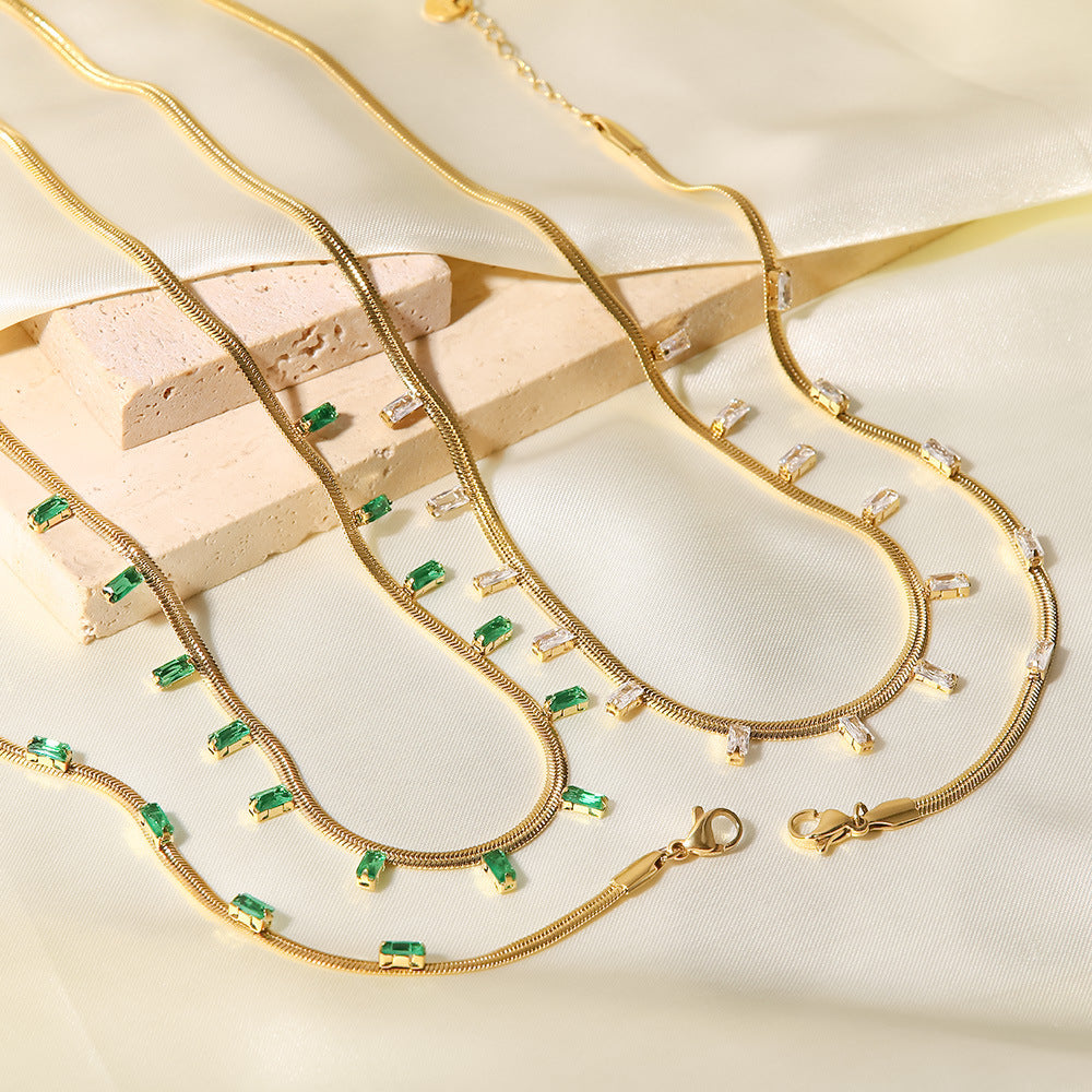 5pcs Women's New 14K Flat Snake Chain Square Green/White Zircon Necklace Bracelet Combination Set
