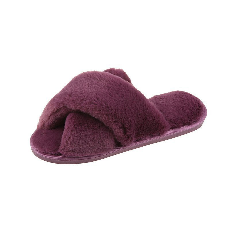 Autumn And Winter New Big Rabbit Velvet Cross-Belt Couple Floor Cotton Slippers Indoor Home Warm Non-Slip Plush Cotton Slippers