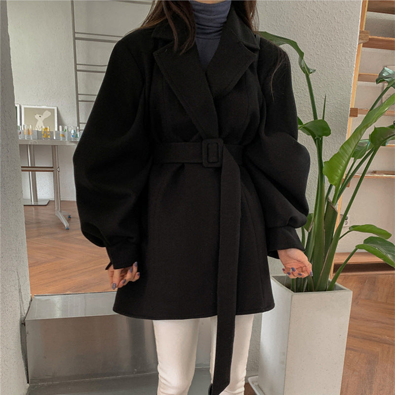 South Korea Chic Autumn And Winter Vintage Suit Collar Loose Belt Waist Collection Thin Clip Cotton Wool Coat Woman