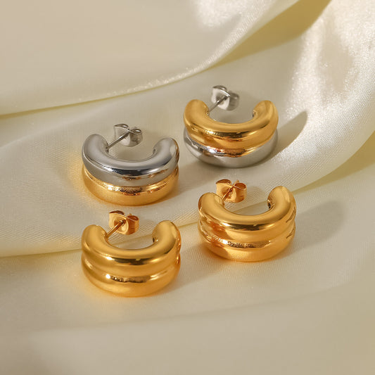 5pcs 18K Gold Stainless Steel Double Earrings Style Gold And Silver Matching Color Titanium Steel Earrings Women's Fashion Personality Earrings