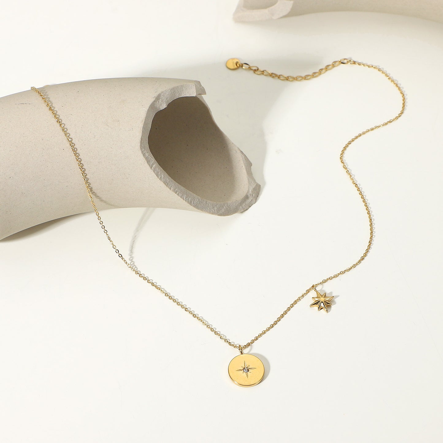 5pcs Fashion Necklace 18K Gold Plated Stainless Steel Round Brand Octet Star Set Zirconium Pendant Necklace Women