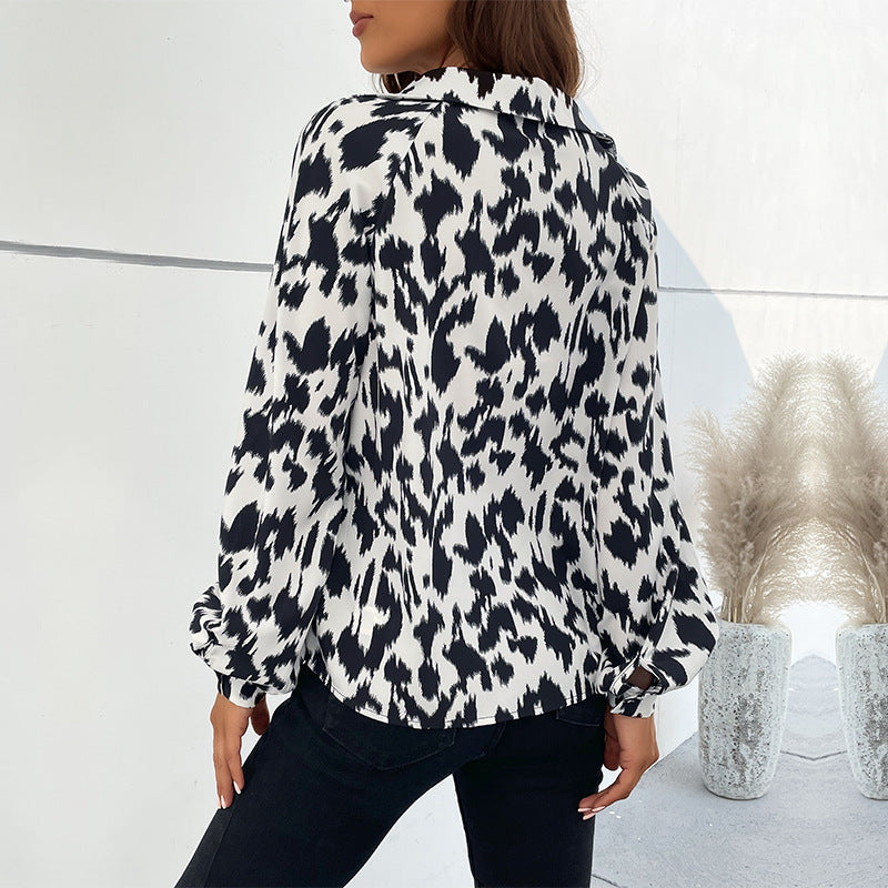Women's New Lapel Long-Sleeved Leopard Print Shirt Women